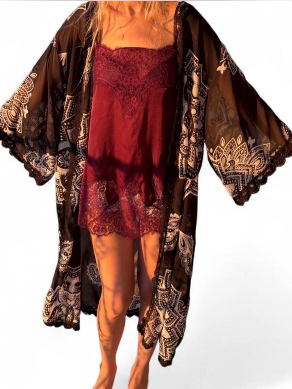 Shabby chic boho sheer lace trim kimono cardigan duster small
